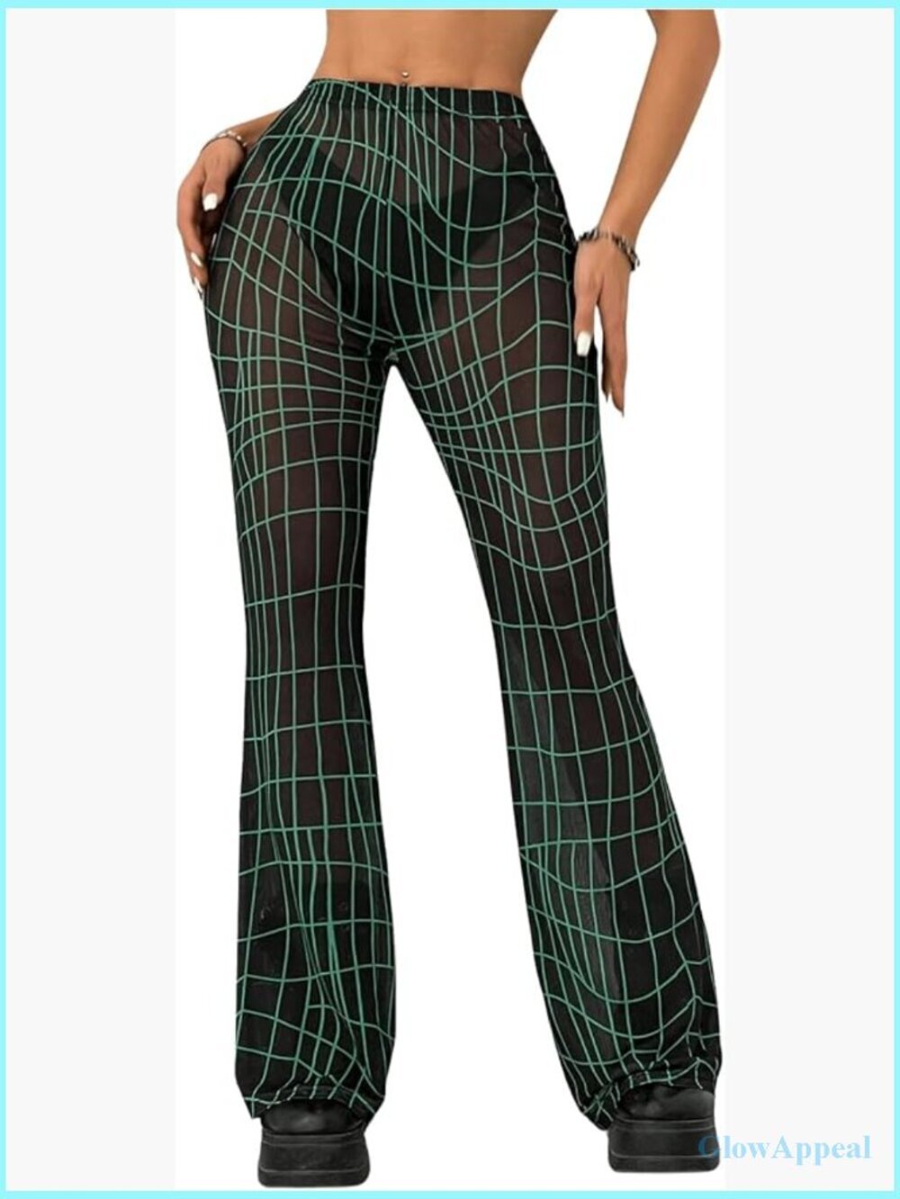 Geometric Plaid Flare Leg Sheer Mesh Pants Rave Clubwear